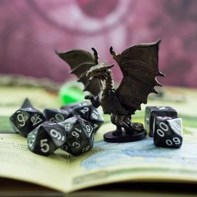 A small dragon figurine and dice are on top of an open book