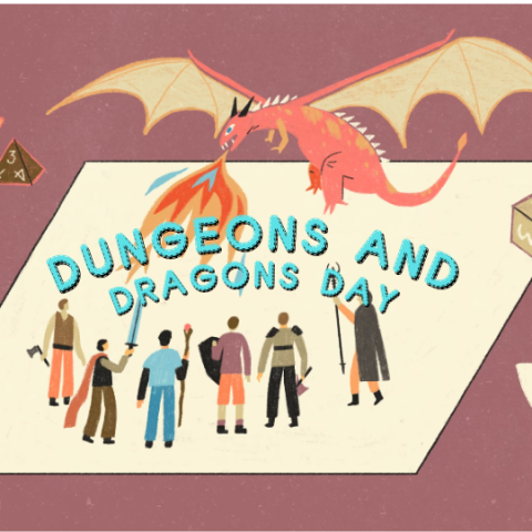 Dungeons and Dragons Day Promo. A group of adventurers faces off against a dragon.